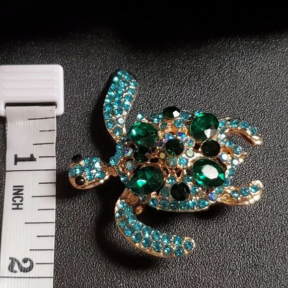 Goldtone Turtle with Blue and Green Crystal Accents - Picture 5 of 6